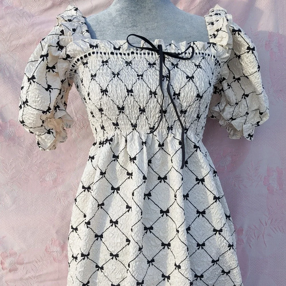 Bow Print Babydoll Mini Dress Small White Puff Sleeve Coquette Cottagecore - Picture 3 of 12